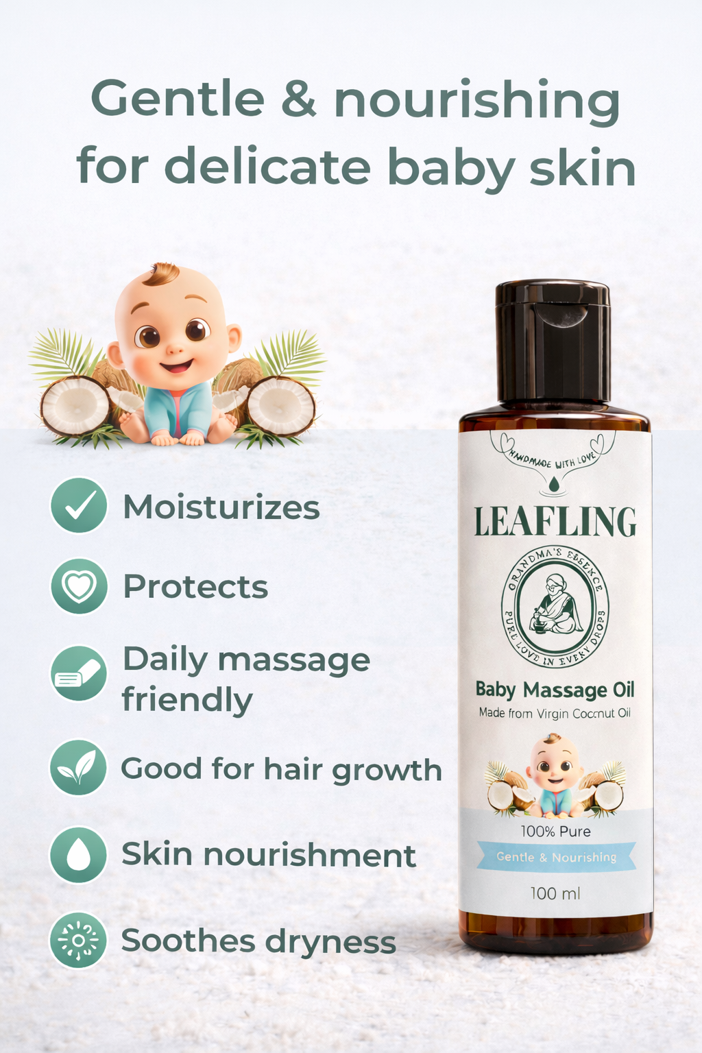 Leafling Coconut Milk Oil for Baby – 100% Pure Baby Massage Oil (100 ml)