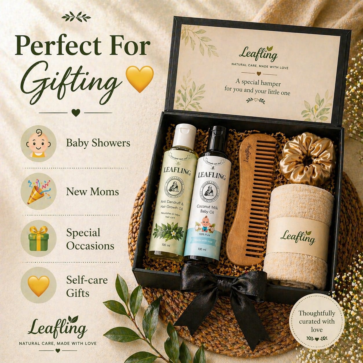 Leafling Baby & Mom Care Gift Hamper Box | Baby Oil + Anti-Dandruff Hair Growth Oil + Neem Comb + Muslin Cloth + Satin Scrunchie | Newborn Gift Set