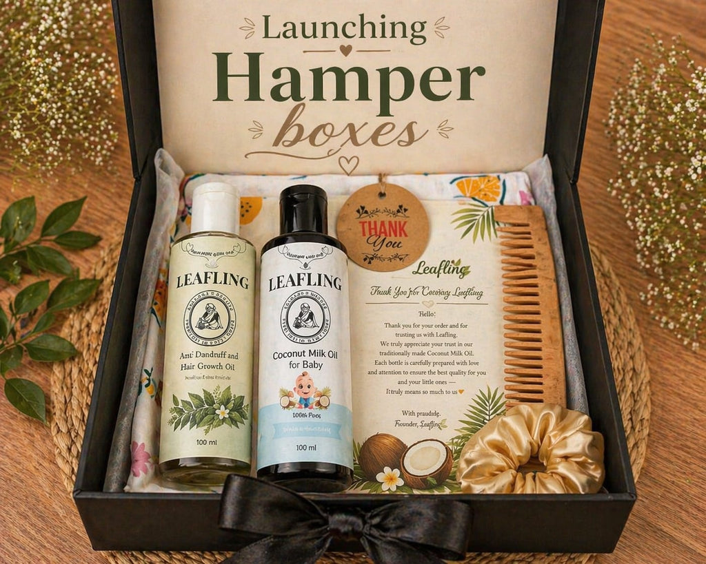Leafling Baby & Mom Care Gift Hamper Box | Baby Oil + Anti-Dandruff Hair Growth Oil + Neem Comb + Muslin Cloth + Satin Scrunchie | Newborn Gift Set