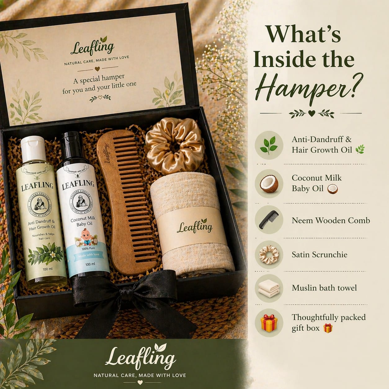 Leafling Baby & Mom Care Gift Hamper Box | Baby Oil + Anti-Dandruff Hair Growth Oil + Neem Comb + Muslin Cloth + Satin Scrunchie | Newborn Gift Set