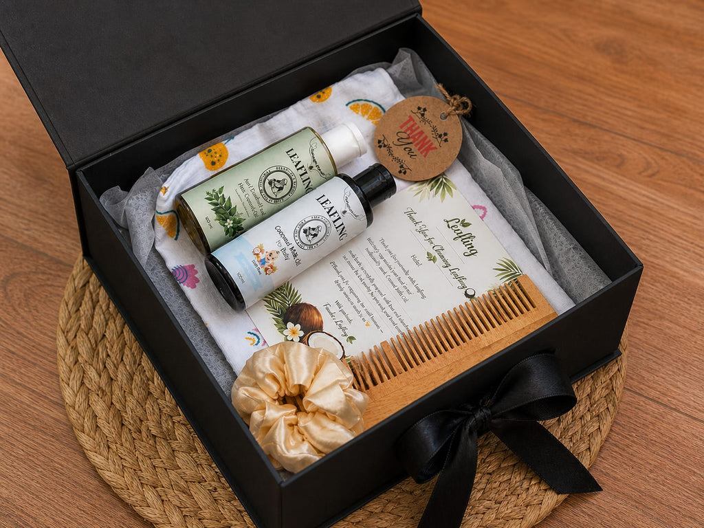Leafling Baby & Mom Care Gift Hamper Box | Baby Oil + Anti-Dandruff Hair Growth Oil + Neem Comb + Muslin Cloth + Satin Scrunchie | Newborn Gift Set